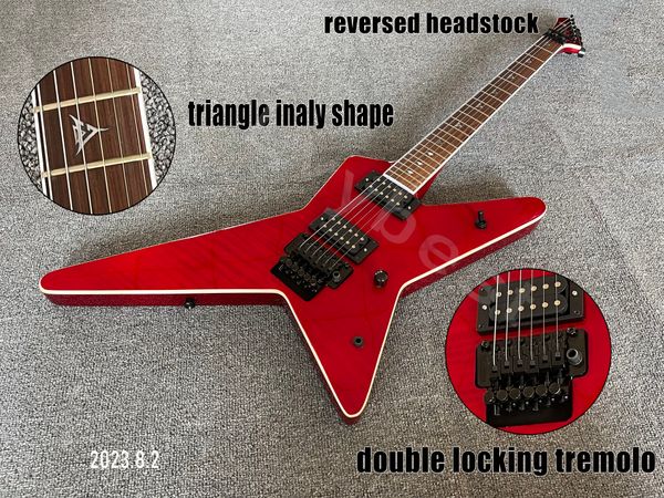 Chitarra elettrica trasparente colore rosso fiamma top tastiera in palissandro triangolo forma intarsio singolo bianco rilegatura parti nere paletta invertita