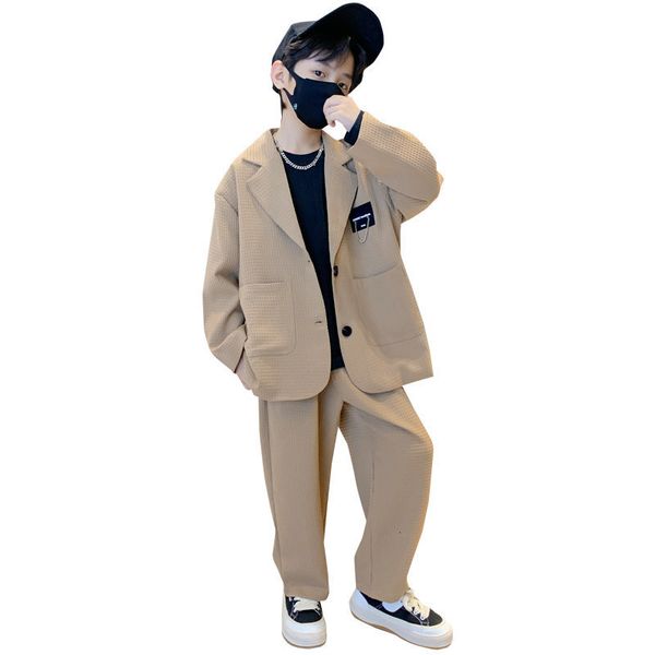 Anzüge Kinder Jungen Anzug Blazer Hosen Zweiteiler Schwarz Khaki Frühling Herbst Koreanische Kinder Casual Formal Weiche Kleidung Set 5 bis 14 Jahre alt 230927