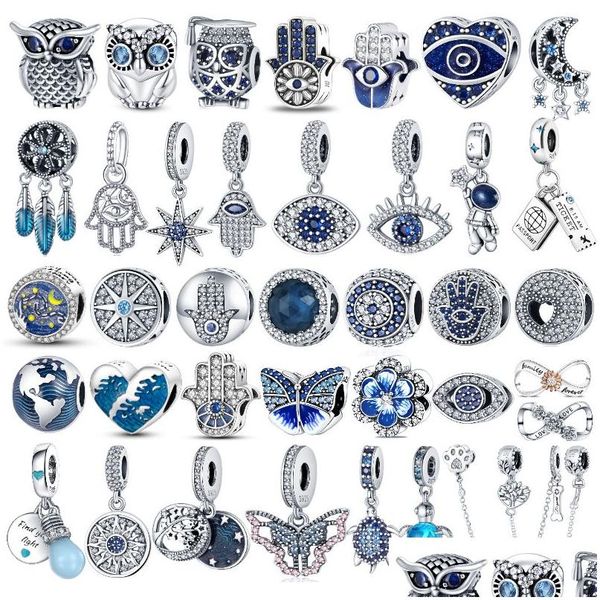 Prata 925 encantos esterlinas cor mau olho coruja balão de ar quente azul grânulo pingente contas originais caber pulseira jóias fazendo diy gota de dhodp