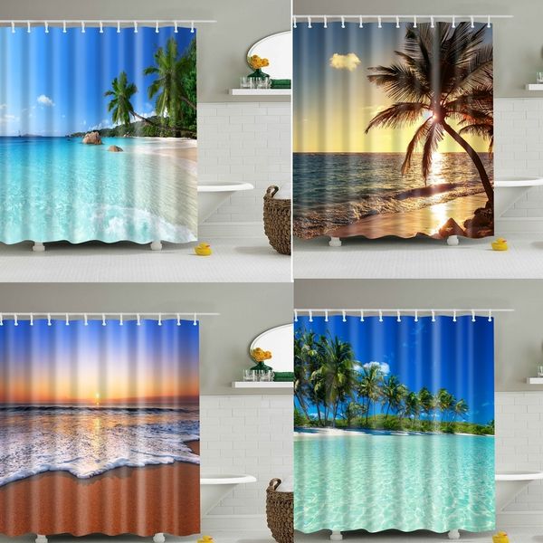 Cortinas de chuveiro personalizadas céu azul praia cortina de chuveiro cenário moderno impressão banheiro 3d blackout cortina grande 180x200cm para banheiro cortina 230831