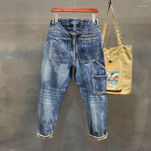 Jeans masculinos high street solto reto pequeno múltiplo bolso remendos workwear calças casuais juventude grandes homens