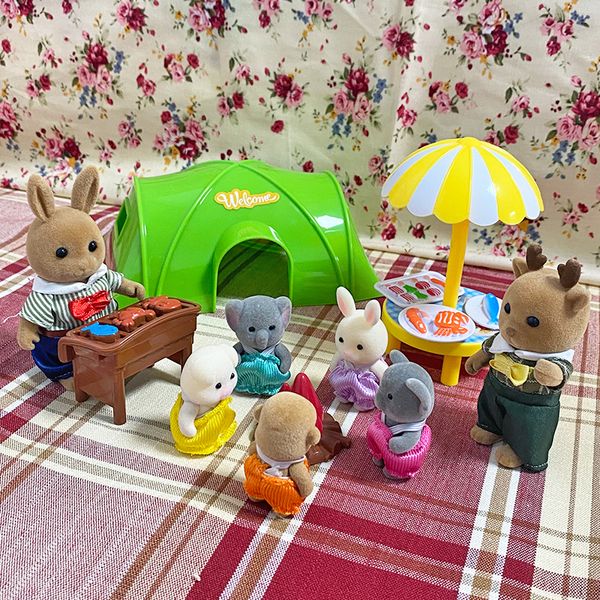 Cozinhas Jogar Comida Floresta Família Coelho Rena Animal 1/12 DIY Picnic Tent Miniatura Dollhouse Móveis Sala de Aula Modelo para Menina Montessori Presentes 230830