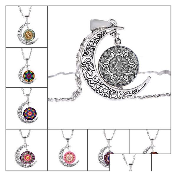 Подвесные ожерелья мода индийская мандала цветок жизни пустого резного полумесяца луны Кабохоны Стеклянное лунное колье для женщин, бросая dhxtw