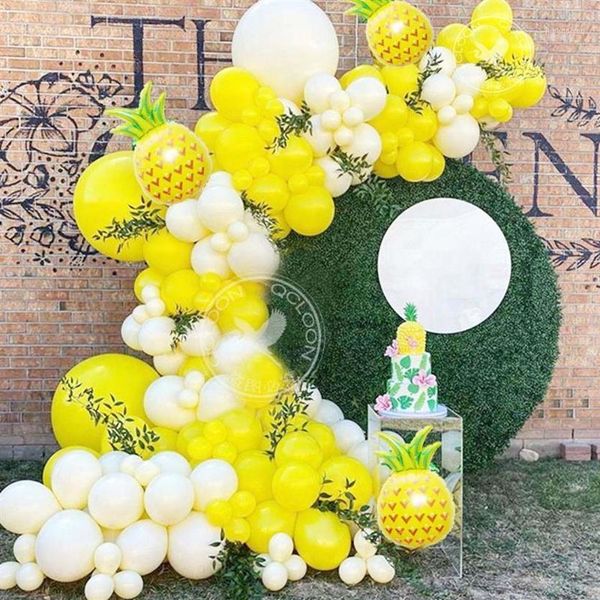 Decoração de festa 116 pcs amarelo branco balão guirlanda arco kit grande folha de alumínio abacaxi casamento aniversário chá de bebê decorações226b