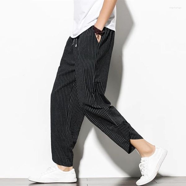 Pantaloni da uomo stile cinese estivo a righe in cotone e lino gamba larga pantaloni casual oversize harem lanterna abbigliamento maschile