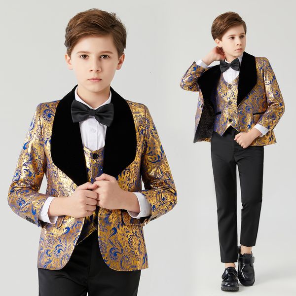 Ternos terno para menino comunhão vestido de casamento menino crianças traje azul ouro terno meninos colarinho preto 3pcs flor meninos 230830