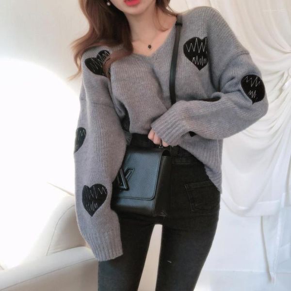 Kadınların Sweaters LiGiGUYUE Love Nakışları Kadın Yumuşak Kaşmir Örgü Külot Gevşek Triko Uzun Kollu Jumper Street Giyim U978