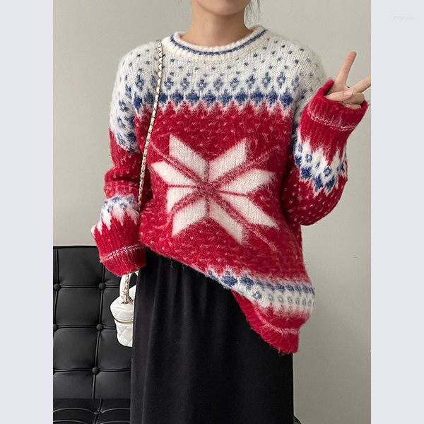 Frauen Pullover Weihnachten Schneeflocke Mohair Pullover Lose Warme Dicke Gestrickte Frau Winter Mode O Neck Pullover Damen Herbst