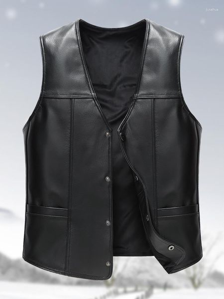 Gilet da uomo 2023 Autunno Inverno Genuino Gilet di pelle di mucca Maschile Vera pelle di vacchetta Cappotti senza maniche Uomo Gilet sottile di mezza età D415