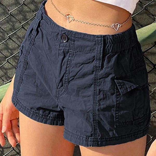 Shorts femininos sexy vintage botão confortável cintura elástica carga jeans casual com bolso cor sólida harajuku streetwear