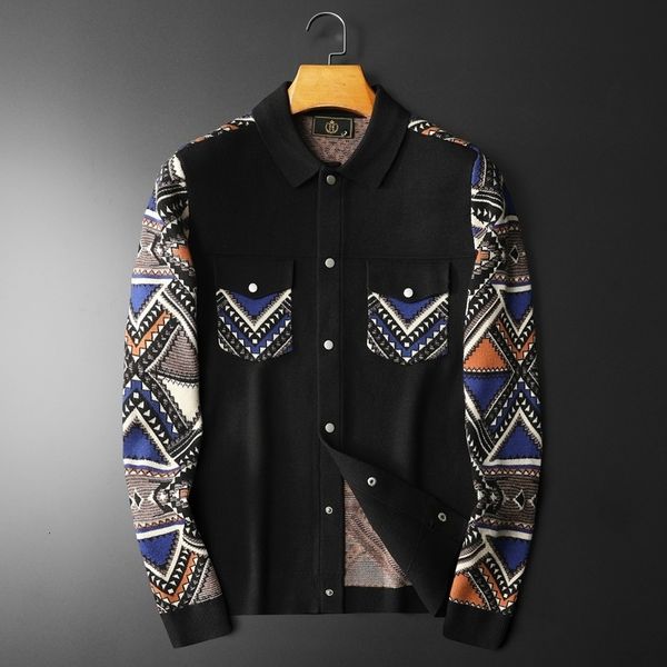 Suéter masculino étnico retrô geométrico contraste cor costura jaqueta de malha lapela vintage bombardeiro homens outono streetwear clube outfit 230831