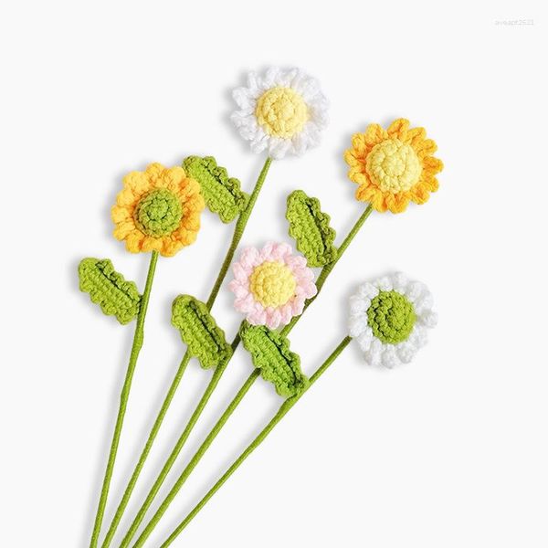 Dekorative Blumen, 5 Stück, Kamille, kleine Gänseblümchen, handgestrickte Blumen, stricken, künstlicher Hochzeitsstrauß, DIY-Simulation, Geschenk, Party-Dekoration