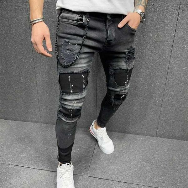 Мужские рваные зауженные джинсы Байкерские высококачественные черные рваные облегающие брюки-карандаш Джинсовые брюки на молнии с локомотивом Брюки в стиле хип-хоп LST230831