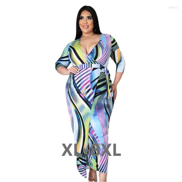 Plus size vestidos femininos vestido impressão três quartos manga com decote em v bandage faixas longo maxi vintage outfit 3xl 4xl 5xl 6xl