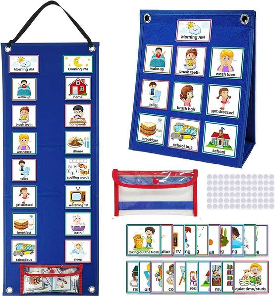 Grafico del programma visivo dei giocattoli didattici per bambini - Lavori quotidiani per i più piccoli - 70 carte comportamentali - Pianificatore da muro per routine della buonanotte a casa Aula prescolare (Blu) HKD230830