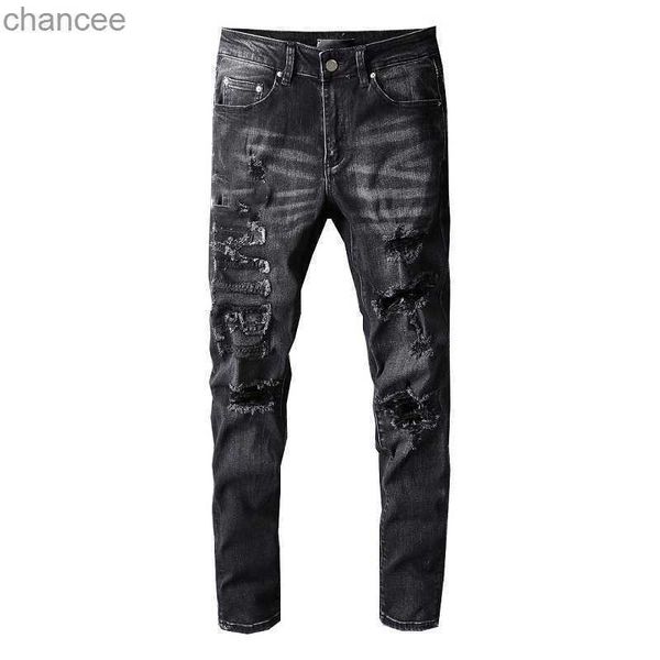 Männer Vintage Distressed Grau Streetwear High Stretch Skinny Jeans Zerstörte Löcher Buchstaben Patchwork Slim Fit Schnurrbart Jeans LST230831