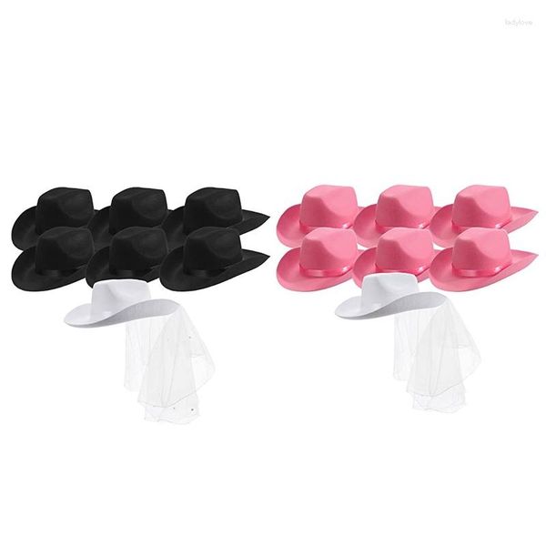 Berets branco elegante cowgirl chapéu com véu noiva casamento po traje adereços verão ao ar livre mulheres ocidental cowboy 2 peça