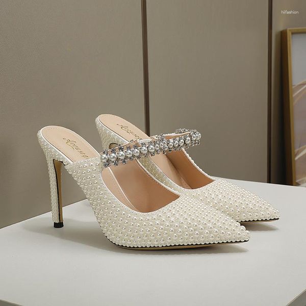 Sandali 2023 di marca bianco perla a punta tacco alto scarpe da donna moda scava fuori 35-41 bocca di pesce strass