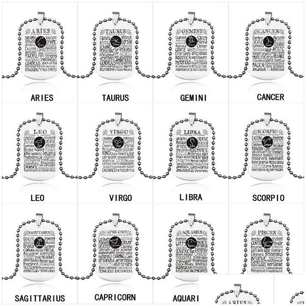 Collane con ciondolo Acciaio inossidabile 12 Collana di lettere zodiacali per donne Uomini Segno di costellazione Titanio Tag per cani Perline Catene Ebreo di moda Dh8Gw