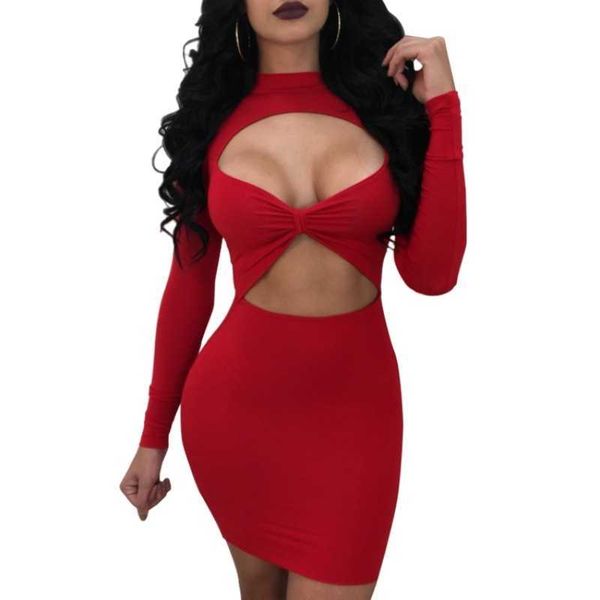 Designer vestido de aniversário sexy mini vestidos de verão preto vermelho feminino o pescoço com manga longa hip oco para fora vestido sexy de noite para senhora