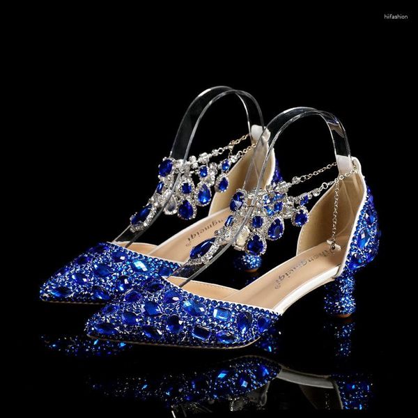 Sandálias 5cm Strass Sapatos Fivela Redondo Salto Azul Apontado Cristal Casamento Dança Social Prom Latin Tamanho 35-43