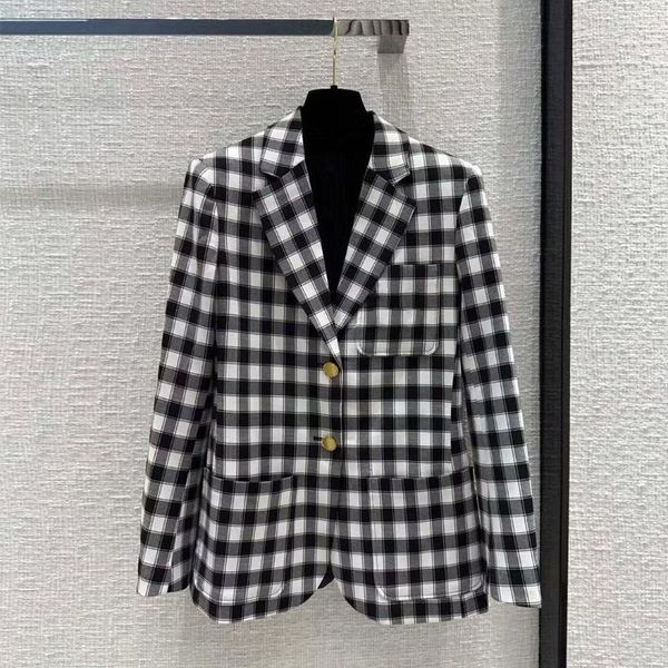 Abiti da donna 2023 Moda Autunno Nero Bianco Plaid Misto lana Giacca blazer con bottoni dorati Manica lunga Cappotto sottile retrò