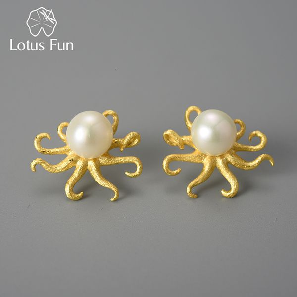 Ушная манжета Lotus Fun Creative Octopus Natural Pearl Серьги для женщин для женщин Реал 925 серебряного серебряного серебра.