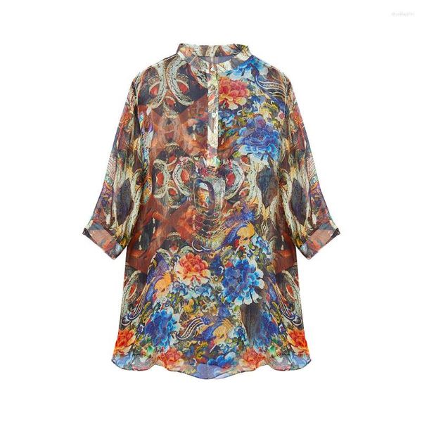 Blusas femininas cisuli seda dobra chiffon camisa longa natural puro tecido feminino camisas de verão impresso padrão gaze