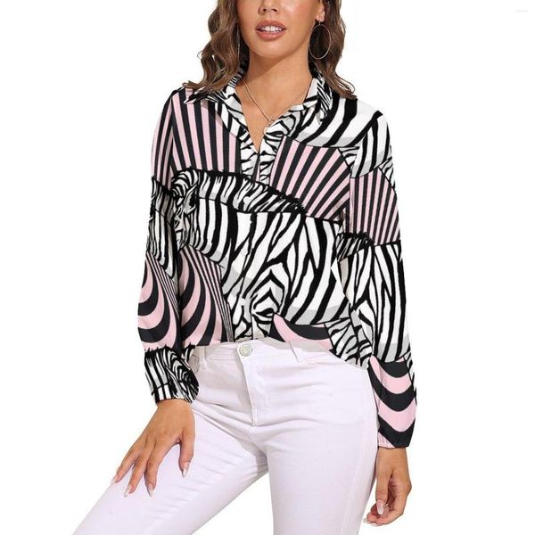 Blusas femininas zebra impressão aquarela blusa na moda listras abstratas estética impressa moda feminina camisa de manga longa oversized topo