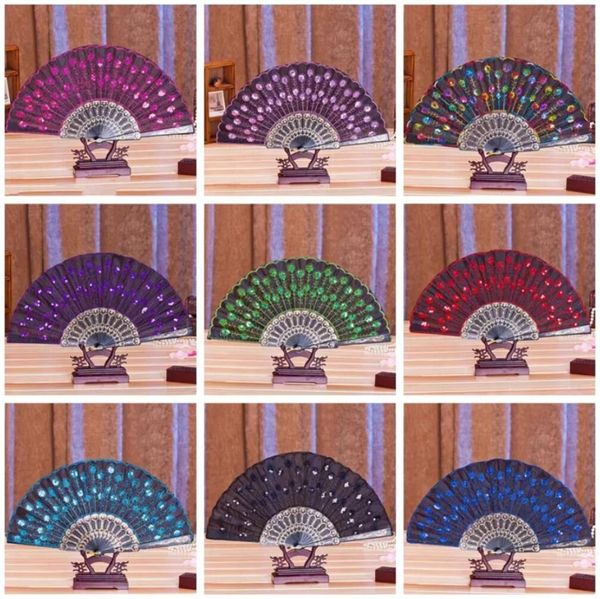 Danza clásica china Abanico plegable Favor de fiesta Elegante Colorido Flor bordada Patrón de pavo real Lentejuelas Plástico femenino Abanicos de mano Regalos Boda i0831