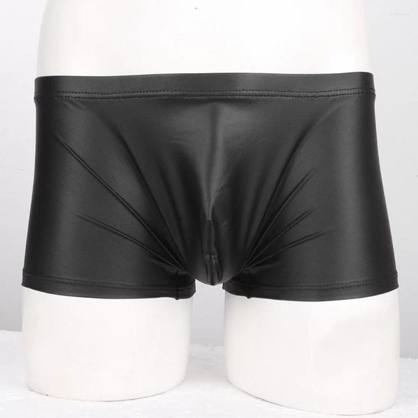 Mutande Boxer da uomo Slip Clubwear sexy Matte Ecopelle Effetto bagnato Pantaloncini intimi U Custodia convessa Mutandine elastiche Scroto Rigonfiamento
