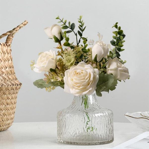 Flores decorativas buquê de haste flexível estilo pastoral arranjos de flores de seda para casa decoração de casamento branco rosa decorações quarto