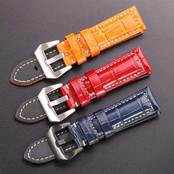 Pulseiras de couro genuíno balck marrom vermelho azul verde laranja feminino masculino pulseira de relógio para pam acessórios 20mm 22mm 24mm h0915193p