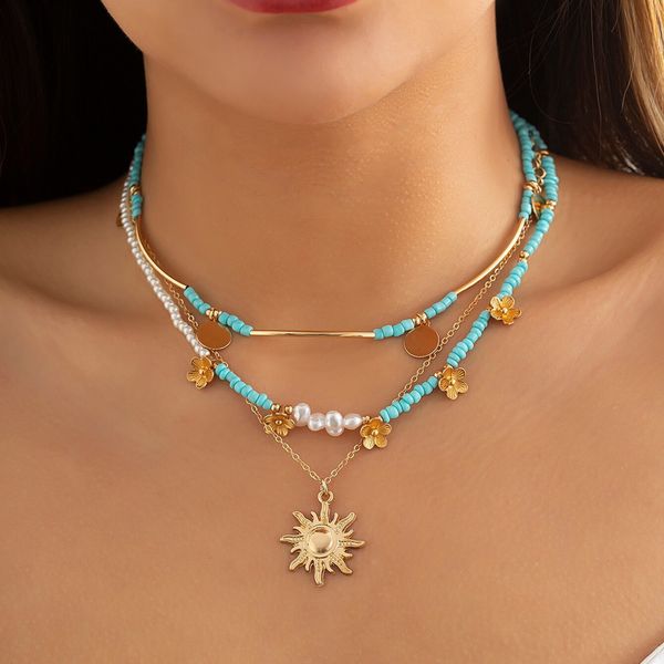 Anhänger-Halsketten, 3-teiliges Set, Boho-Sonnenblumen-Choker-Halskette für Frauen, Sommer, Kpop-Pailletten-Blumen-Perlenkette, ästhetisches Y2K-Schmuckzubehör 230831