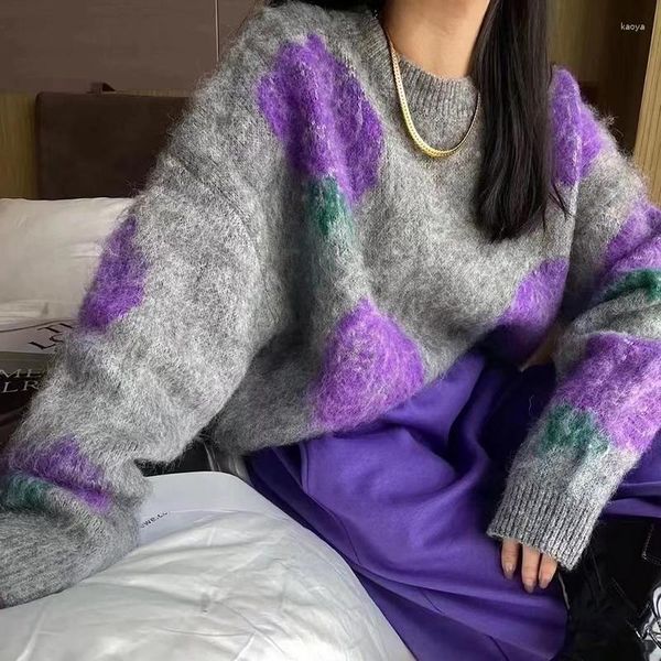 Kadın Sweaters Renkli Çiçekler Yuvarlak Boyun Külotları Kadın Gevşek Sıcak Tiftik Örgü Kazak Retro Baskı Zarif Örgü 28944