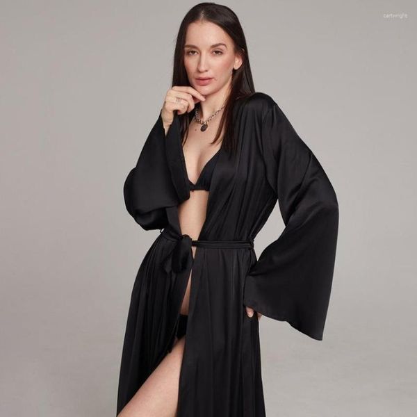 Vêtements de nuit en Satin pour femmes, Robe de douche évasée à manches longues, Robe de mariée Sexy, robes de mariée, Kimono de nuit