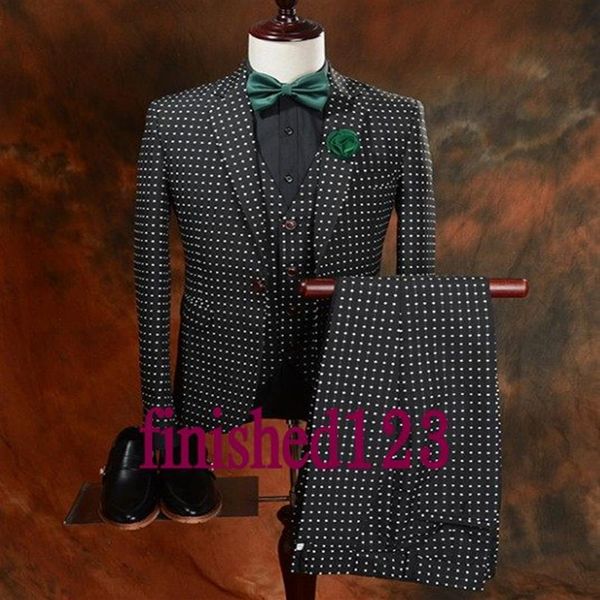 2017 Vender Negro Lunares Novio Esmoquin Hombre Blazer Prom Cena Trajes de Negocios Chaqueta Pantalones Pajarita K32269J