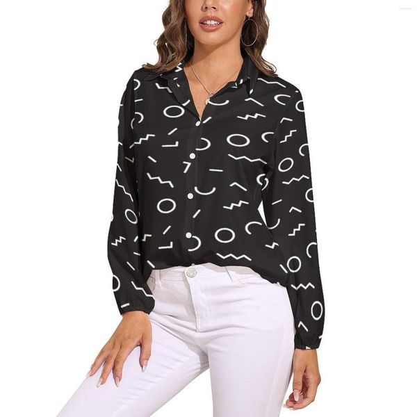 Blusas femininas estilo memphis blusa padrão abstrato preto engraçado impresso mulher manga longa camisas casuais primavera roupas de tamanho grande