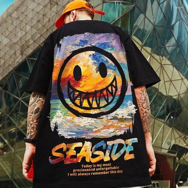 T-shirt da uomo 2023 stile coreano Hip-Hop uomo streetwear cotone cartone animato O-Collo estate stampato faccia divertente magliette moda magliette allentate oversize