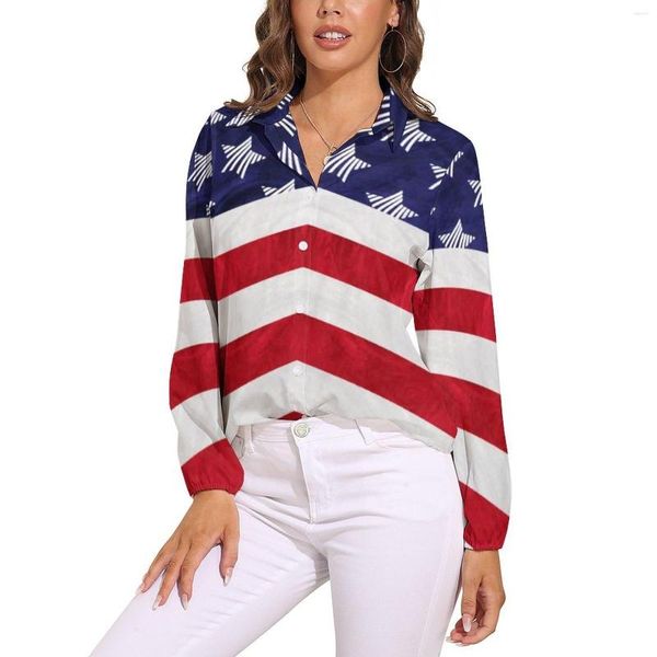 Damenblusen, patriotische Bluse mit amerikanischer Flagge, langärmelig, rot, weiß, blau, Sterne-Druck, süßes Street-Fashion-Oversize-Shirt, individuelle Kleidung