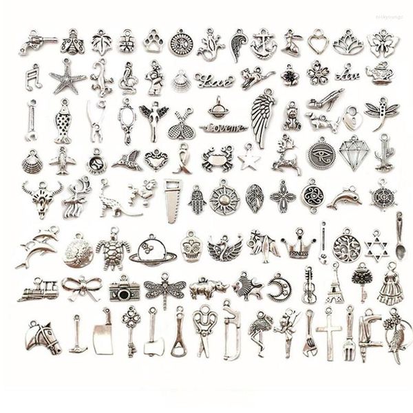 Encantos atacado lotes a granel jóias fazendo misturado suave prata tibetano pingentes de metal diy para colar pulseira 100 pçs 7-25mm