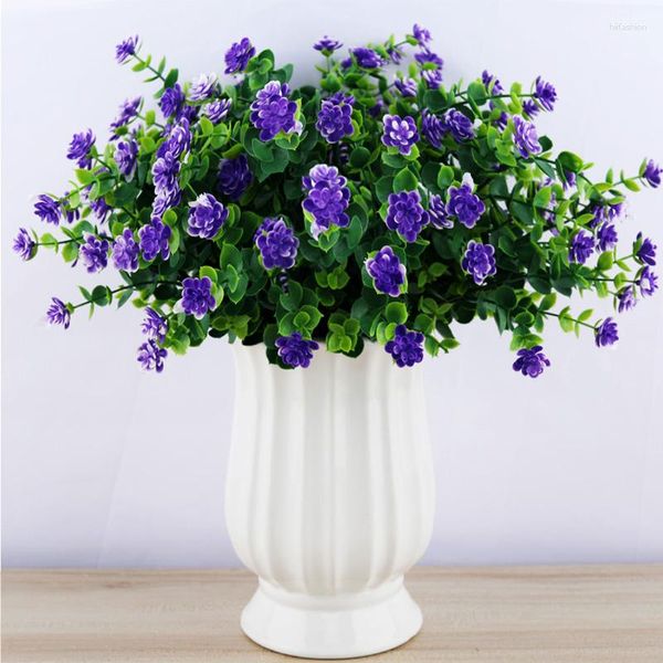 Flores decorativas roxo buquê artificial eucalipto diy falso planta ao ar livre plástico jardim arbustos vegetação branco casa decoração de casamento