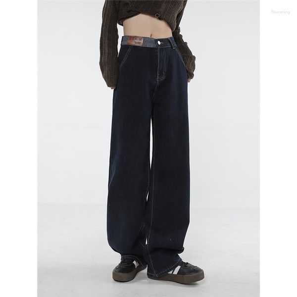 Женские джинсы винтажные темно -синие синие талию женщины американская модная уличная одежда женская джинсовая брюка прямо широкие брюки для ног мешковатые штаны