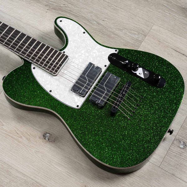 LTD SCT-607B Stephen Carpenter ha firmato 7 corde Green Sparkle per chitarra elettrica String Thru Body Bridge Cina Pickup EMG Battipenna perla bianco Hardware nero