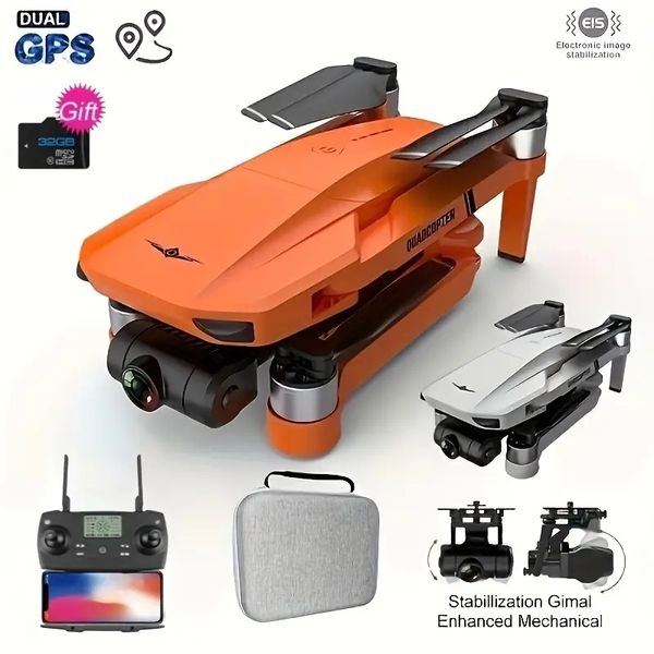 GPS Drone Professional HD Câmera dupla com 1 bateria e cartão SD de 32G Gimbal de 2 eixos Fotografia aérea anti-vibração Motor sem escova Posicionamento de fluxo óptico WIFI FPV