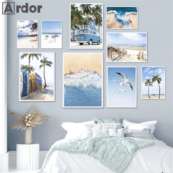 Mavi gökyüzü okyanus palmiye ağacı poster plaj sörf tahtası tuval boyama duvar sanat martılar baskısı nordic duvar resimleri kız yatak odası oturma odası dekor yok wo6