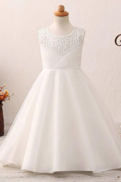 Vestidos de menina flor vestido bonito branco lantejoulas com laço nó sem mangas ajuste festa de casamento aniversário primeira comunhão vestidos