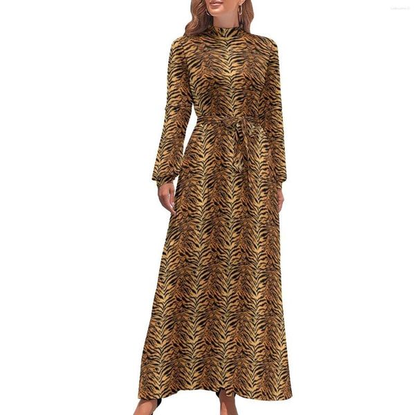 Lässige Kleider Tiger-Druck-Streifen-Kleid, wildes Tiermuster, sexy, individuell, Maxi, hohe Taille, lange Ärmel, Street-Style, Böhmen