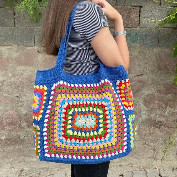 Sacos de noite Boêmio Azul Colorido Bonito Malha Manta Hippie Bolsas de Alta Capacidade Granny Square Crochet Bolsa para Praia de Verão