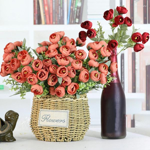 Dekorative Blumen, 11 Köpfe, künstliche Rose, Tee, Vintage-Stil, Seide, kleiner Knospenstrauß, gefälschte Blume, DIY, Haus, Garten, Hochzeit, Party, Dekoration, Geschenk